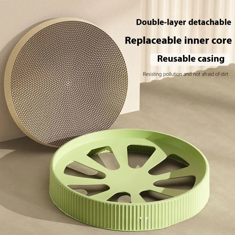 Round green and white 55cm cat scratching board with corrugated cardboard texture and replacement pads