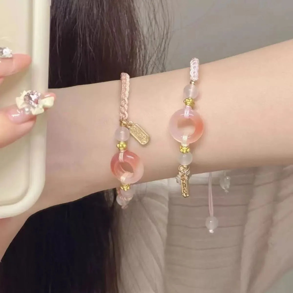 DIY woven watch band bracelet with peace buckle in peach blossom colours green pink black