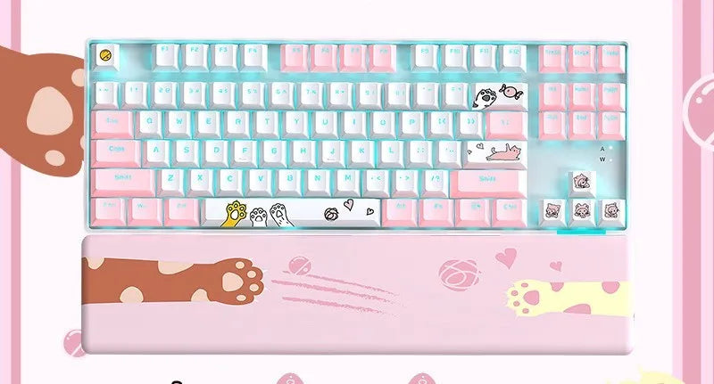 87-key RGB green shaft mechanical keyboard with metal panel, pink and white colour, and cotton hand rest