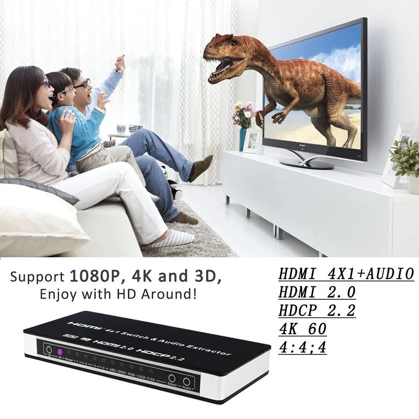 Black HDMI audio switch with 4 inputs and 1 output, remote control included