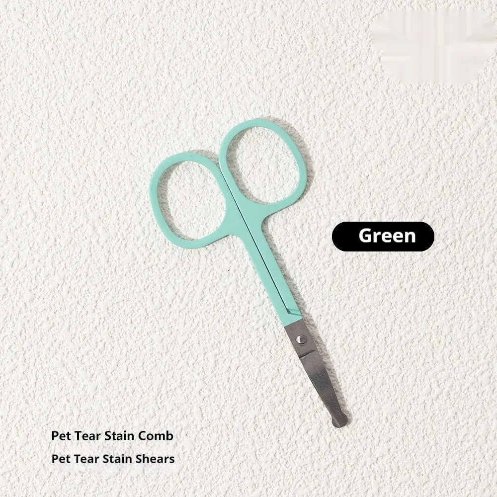 Black ABS plastic pet tear stain comb and scissors set on white background