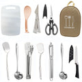 12-piece stainless steel picnic kitchenware set in portable storage bag for outdoor cooking