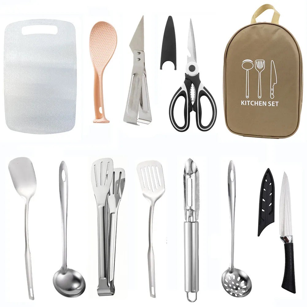 12-piece stainless steel picnic kitchenware set in portable storage bag for outdoor cooking