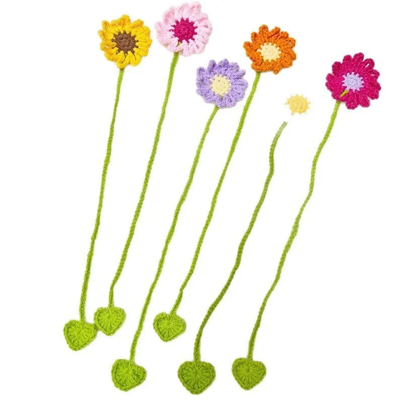 Hand-crocheted daisy design wool bookmark with flexible wire core in various colour options