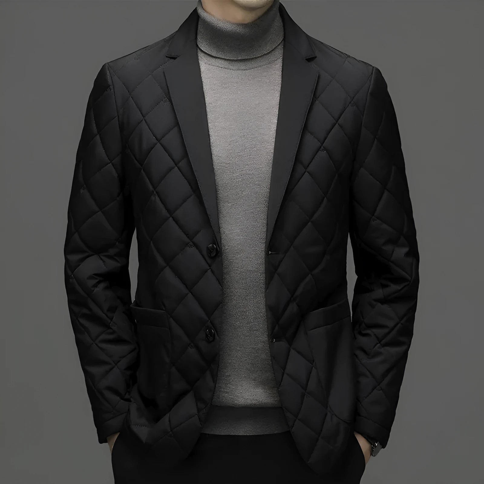 Men's solid colour down jacket cardigan with lapel collar and side seam pockets.