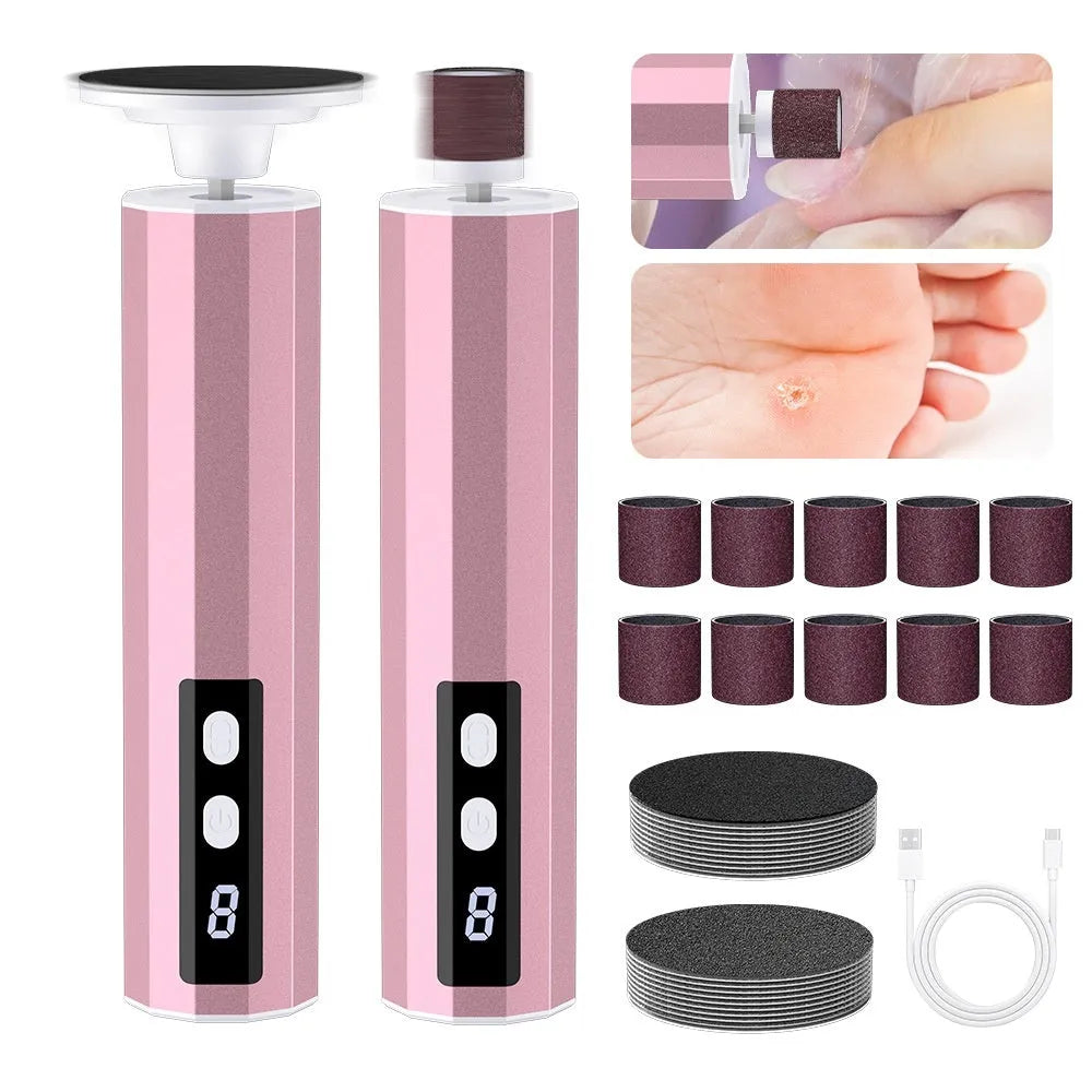 Household callus trimmer and nail manicure equipment kit in box with USB cable and grinding wheels.