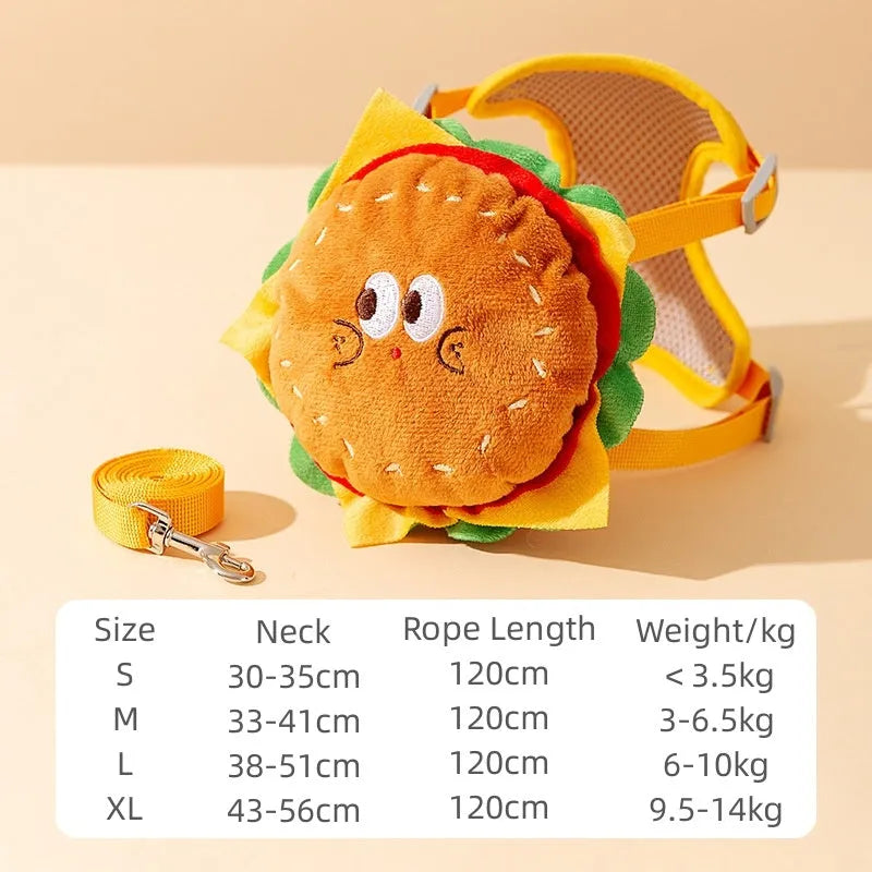Cartoon hamburger design adjustable vest leash and harness with backpack for a dog.
