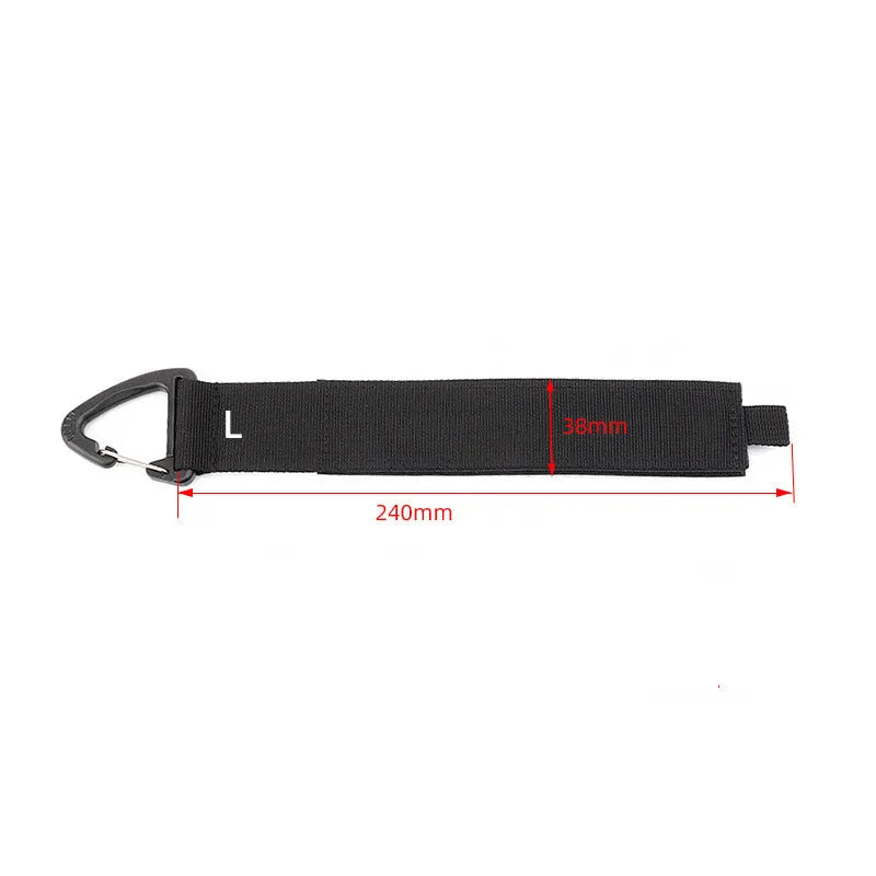 Black climbing button carabiner storage strap showing three size options for garage and outdoor organisation