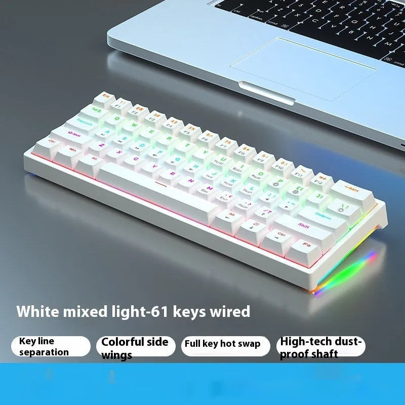 Bluish-black 61-key mechanical keyboard with hot-swappable switches on a desk