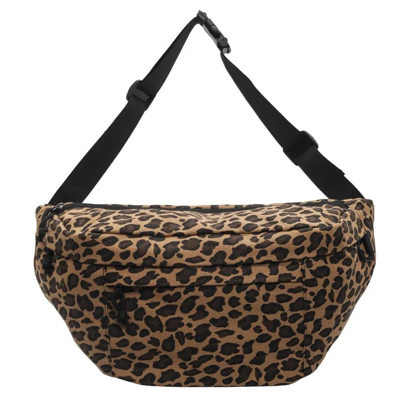 Retro leopard print patchwork canvas chest bag in khaki with soft crossbody design