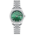 Women's silver alloy quartz calendar watch with circular dial and stainless steel folding buckle on wrist.