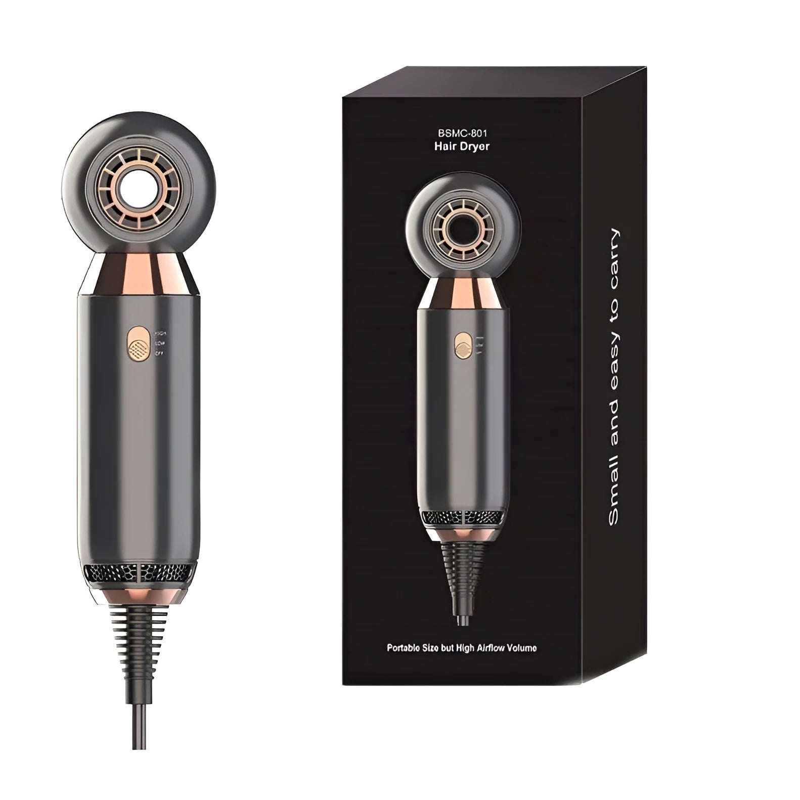 Leafless 800W ionic hair dryer with diffuser attachment, compact 20cm design