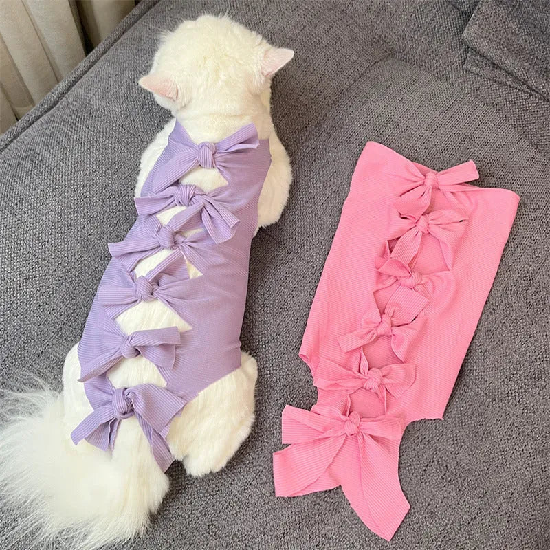Lace-up polyester cat recovery suit in blue colour, shown on a cat model.