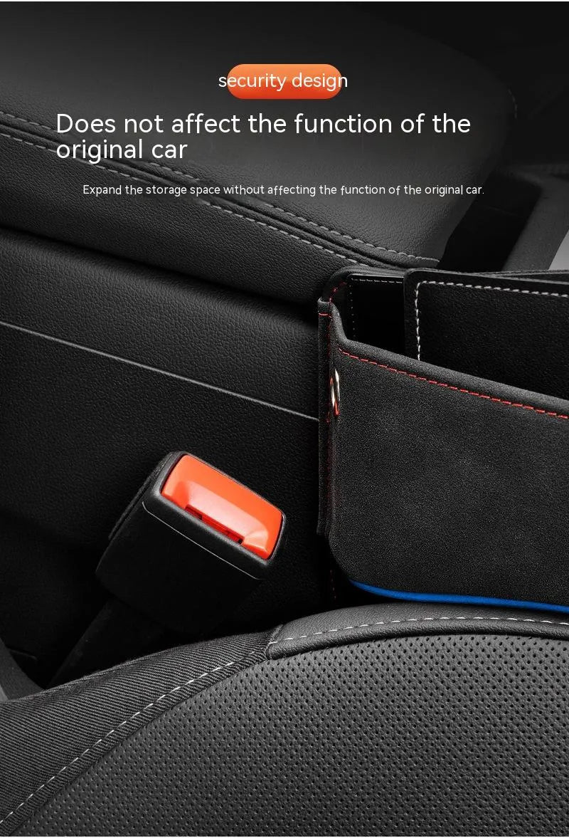 Black leather car seat storage box on a vehicle seat showing its rectangular shape and size.