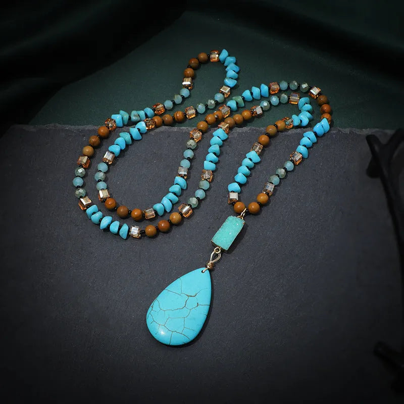 Blue turquoise water drop pendant necklace with mixed gem inlay on ball bead chain