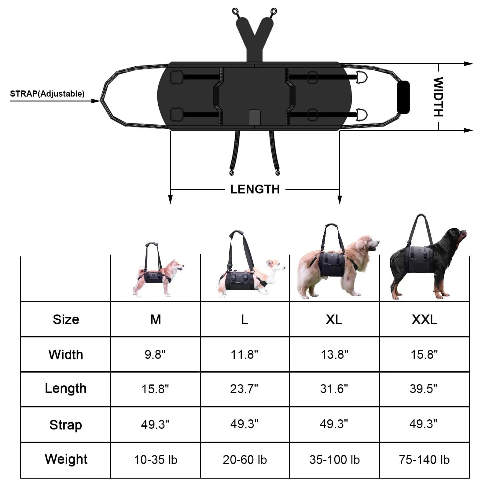 Black oxford cloth dog harness with adjustable chest strap and leg support loops for outdoor use.