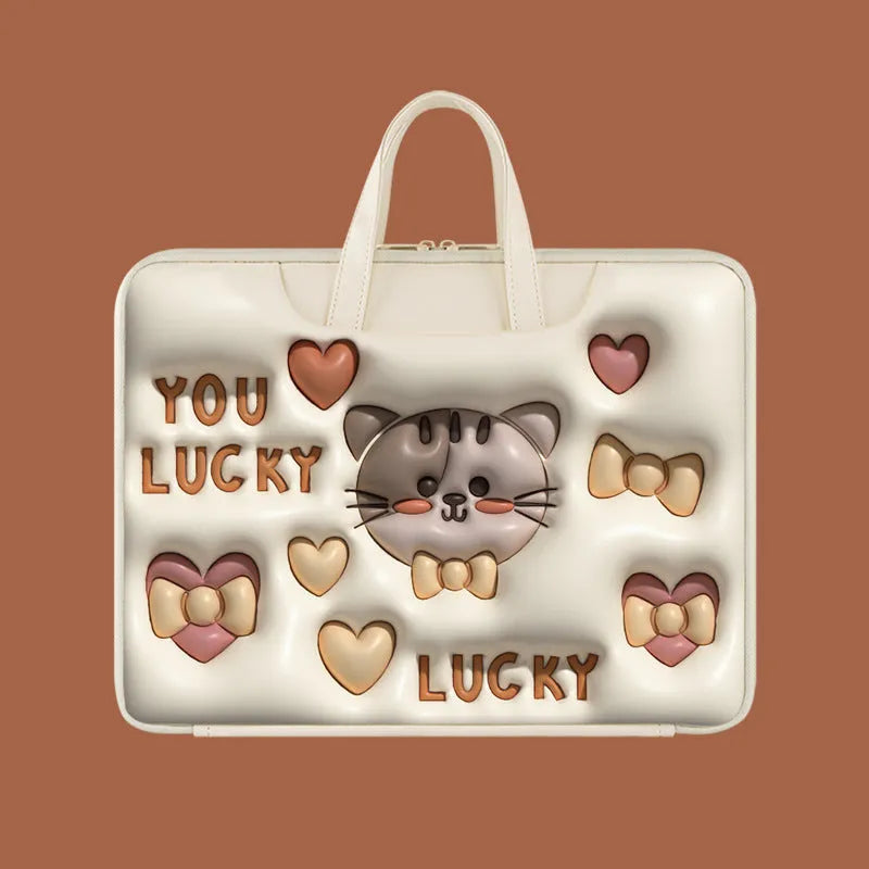 Inflatable PU leather laptop bag in a character design, shown hanging from a suitcase handle.