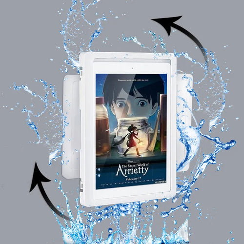 Bathroom waterproof phone case in Crescent White showing sealed touch screen and anti-fog window mounted on a tiled wall