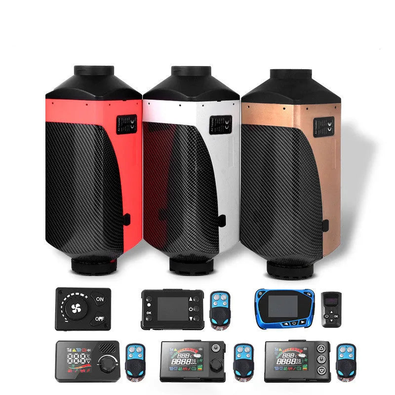 Red and black diesel air heater unit with fuel tank and installation components for vehicles
