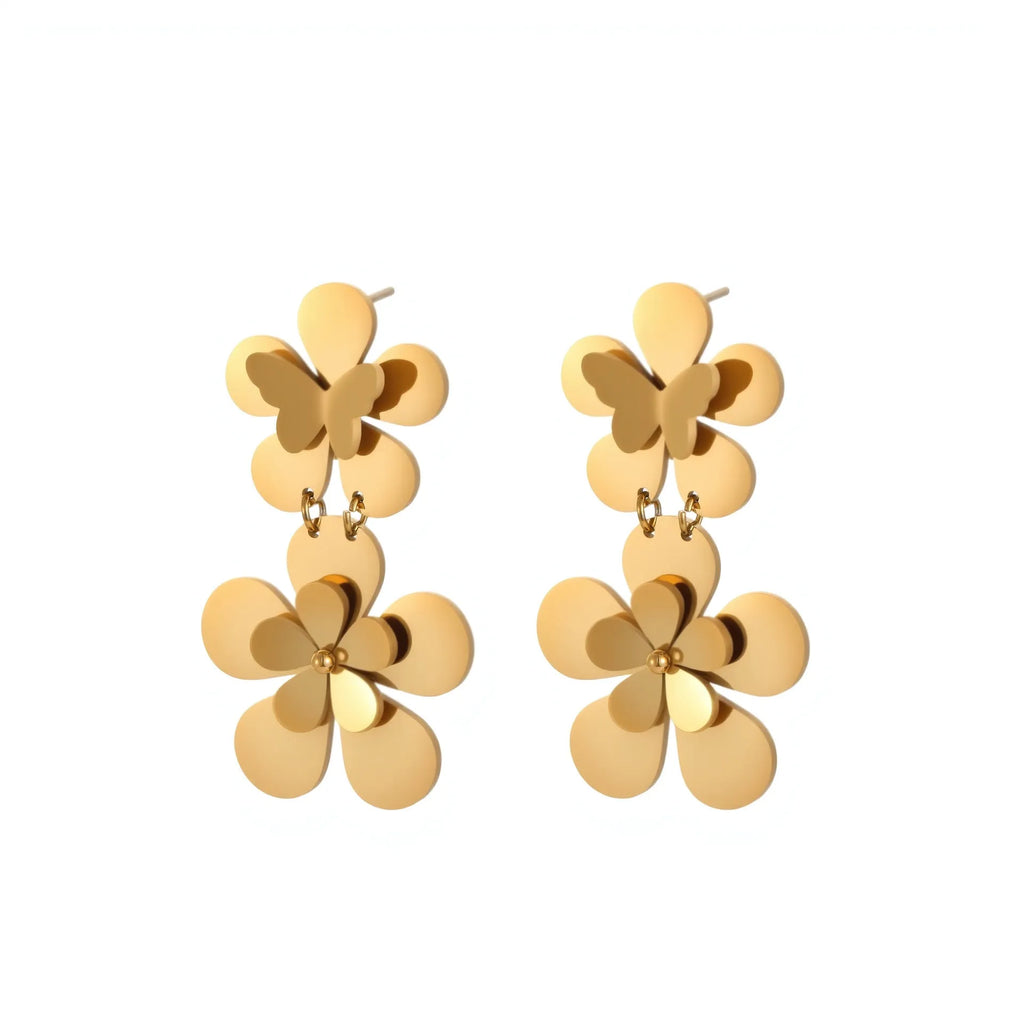 Gold flower butterfly stainless steel earrings for women with electroplated 18K finish