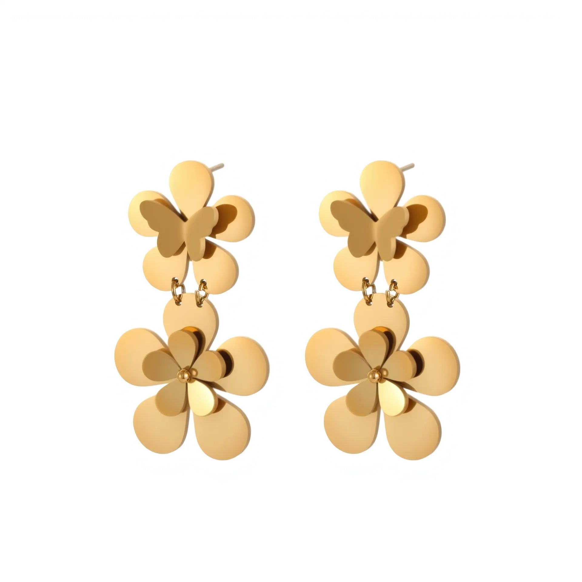 Gold flower butterfly stainless steel earrings for women with electroplated 18K finish