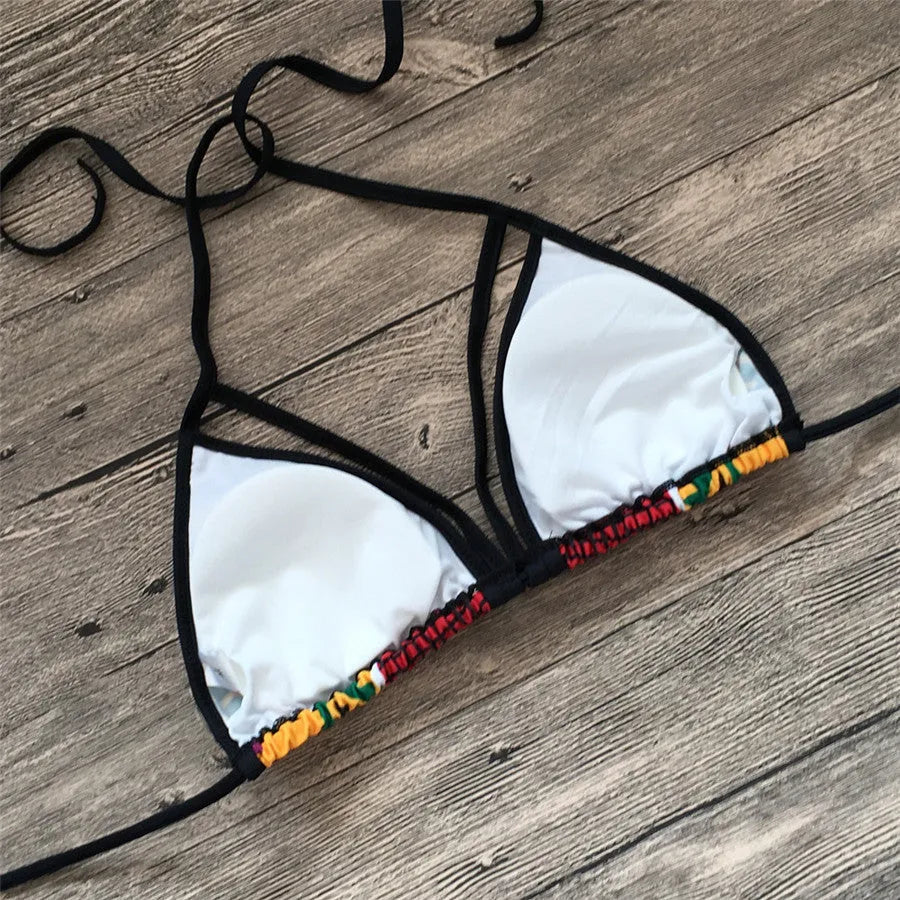 Women's digital print bikini set with high-waisted briefs and backless design