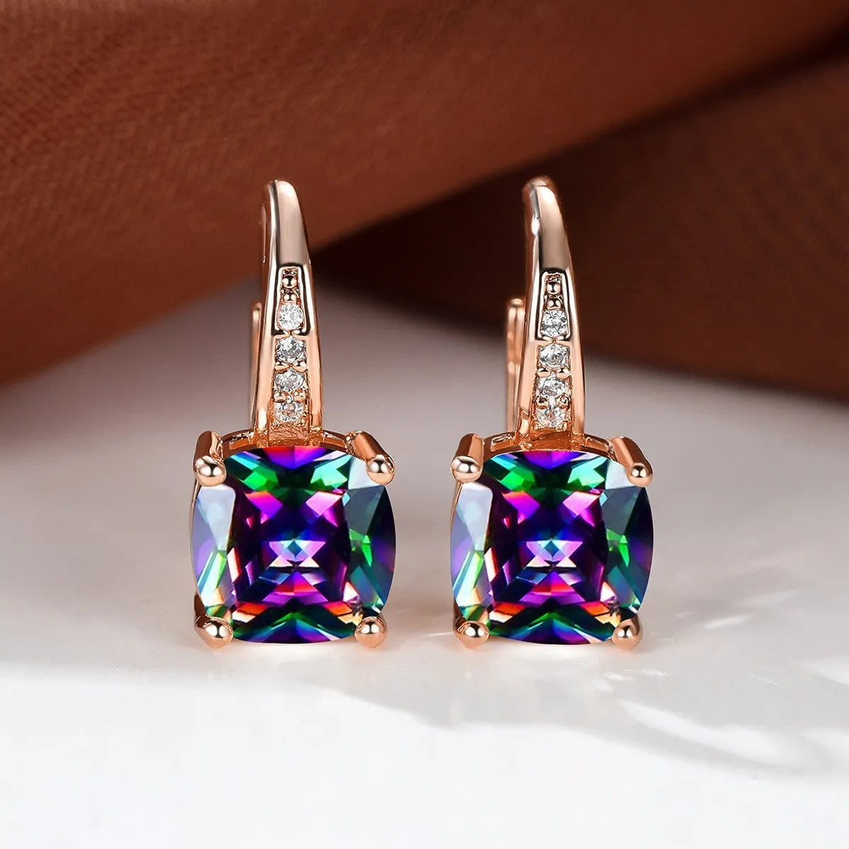 Square zircon geometric ear hook earrings in electroplated copper with Korean style design