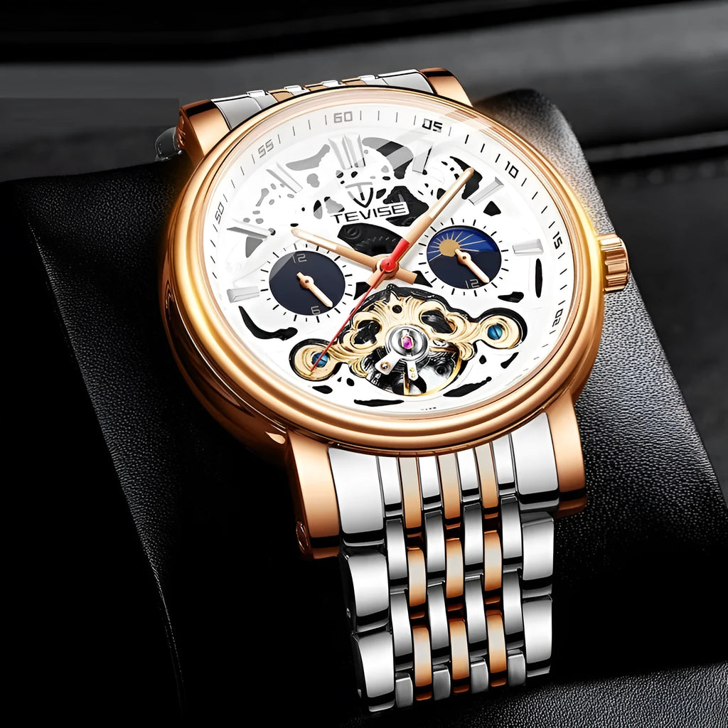 Men's black dial tourbillon mechanical watch with luminous hands on a leather strap