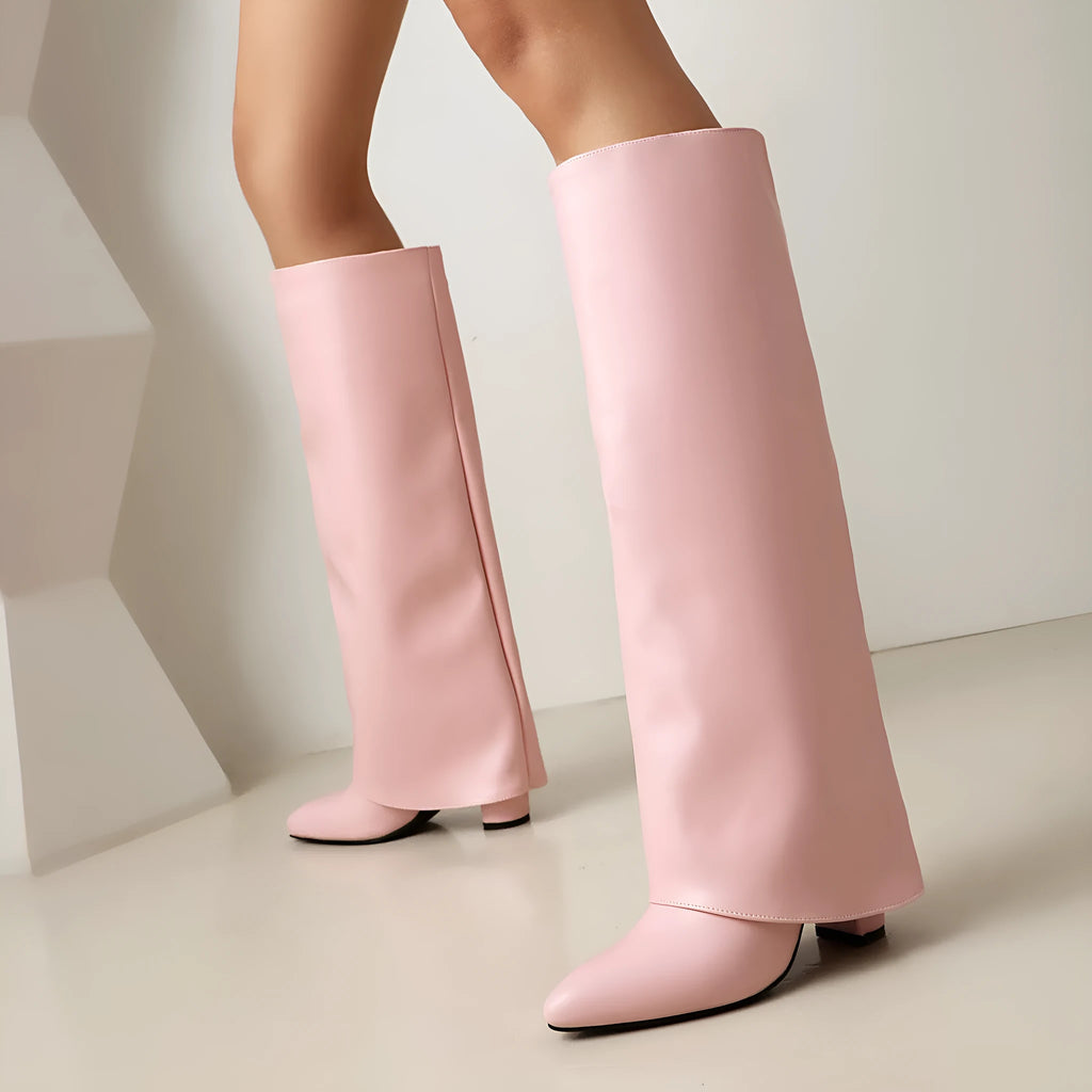 Women's plus size thick high heel boots in black synthetic PU with high cylinder sock length and sewing line detail