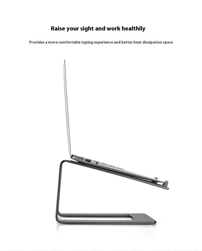 Black aluminium alloy laptop stand with 29.9 cm width on desktop