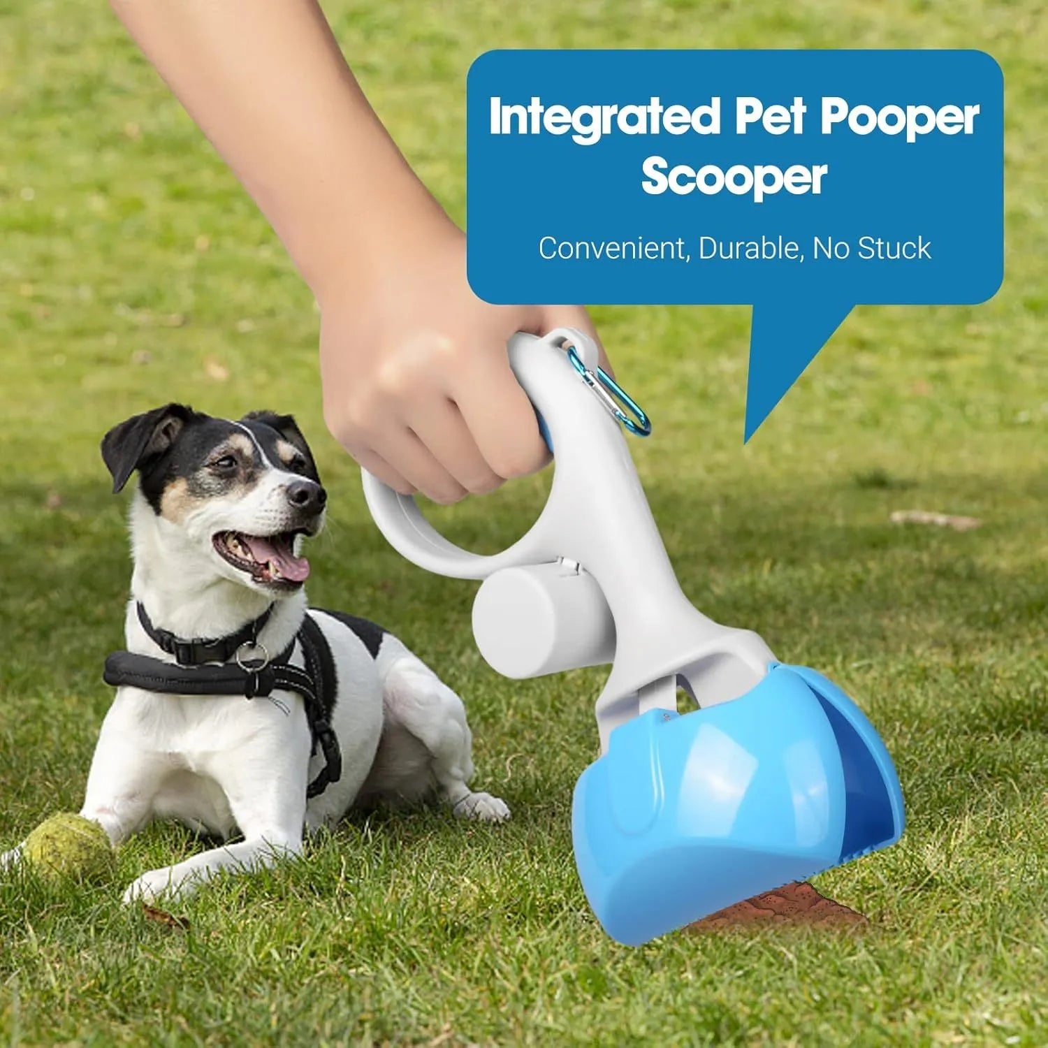 Black ABS plastic pet pooper scooper with built-in trash bag holder and top carrying hook.
