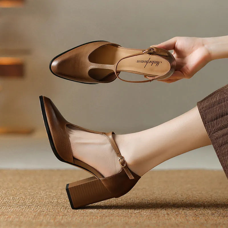 Women's dark brown retro pointed toe Mary Jane shoes with a buckle strap and hollow baotou design.