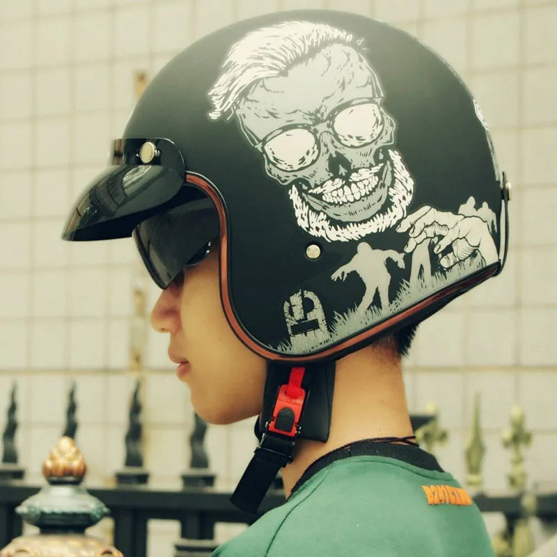 Retro-style ABS half helmet for electric riding shown in multiple colour options with sizing chart