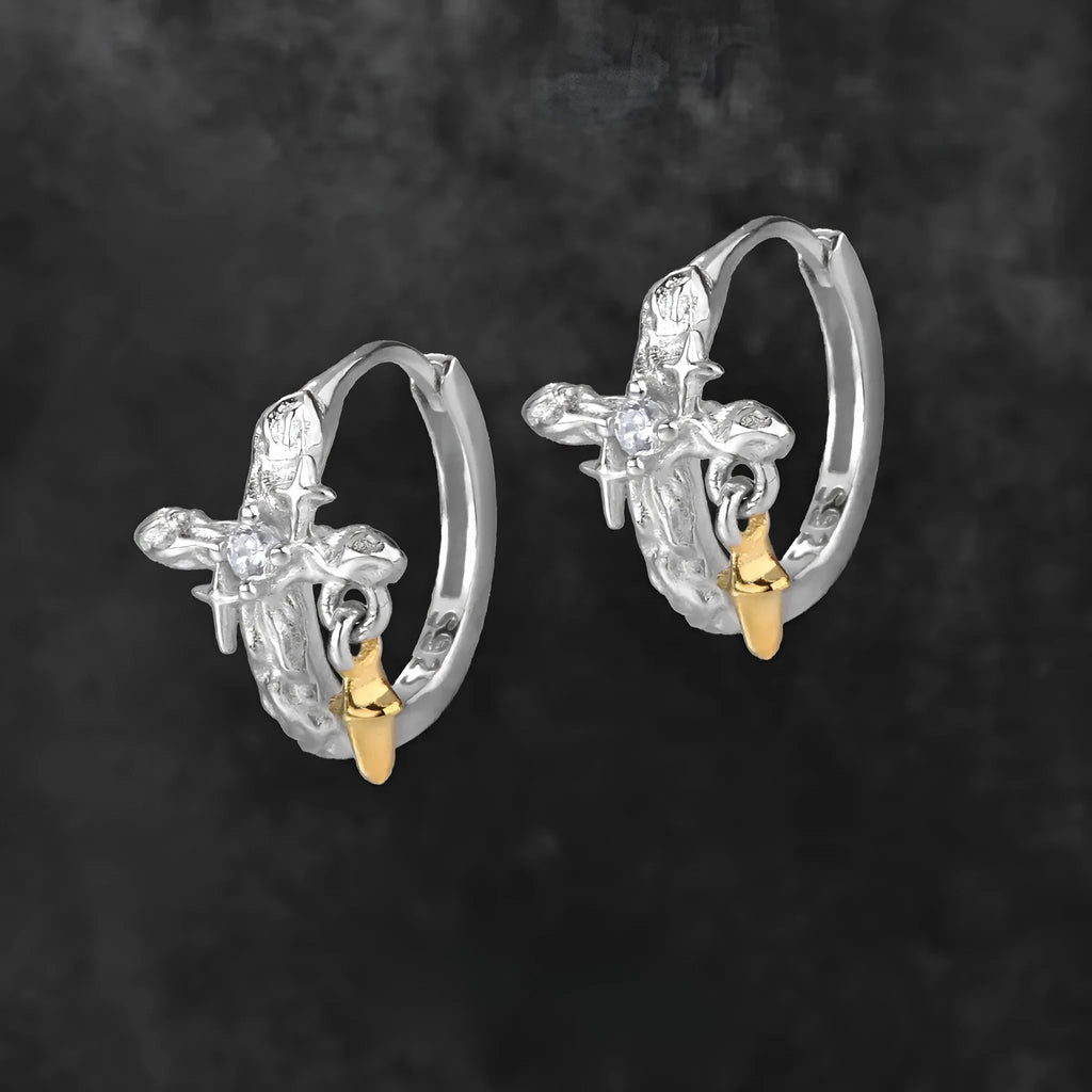925 silver cross earrings with geometric round design and electroplated finish