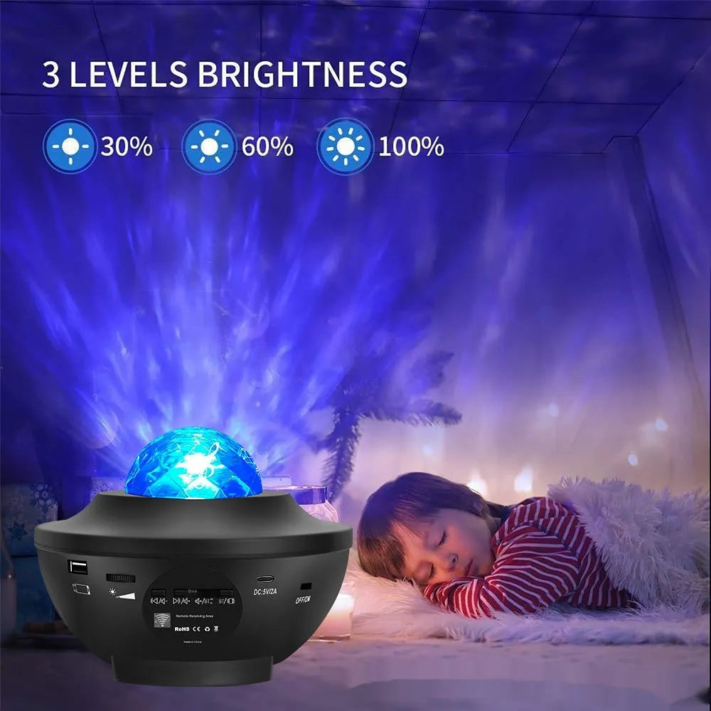 Black parallel-style starry sky projection lamp with water ripple laser effects on desktop