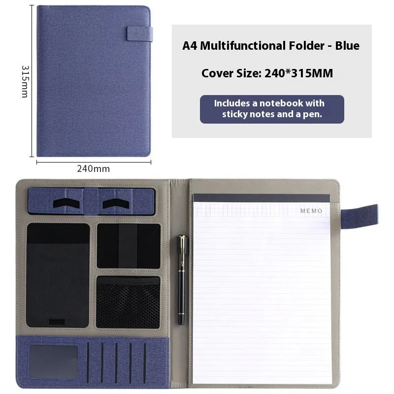 Black leather A4 business folder with 35mm gusset showing pen loop and notepad configuration