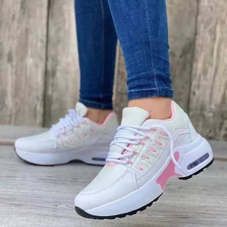 Breathable mesh lace up sneakers for women with low wedge heel, round toe, available in multiple colours