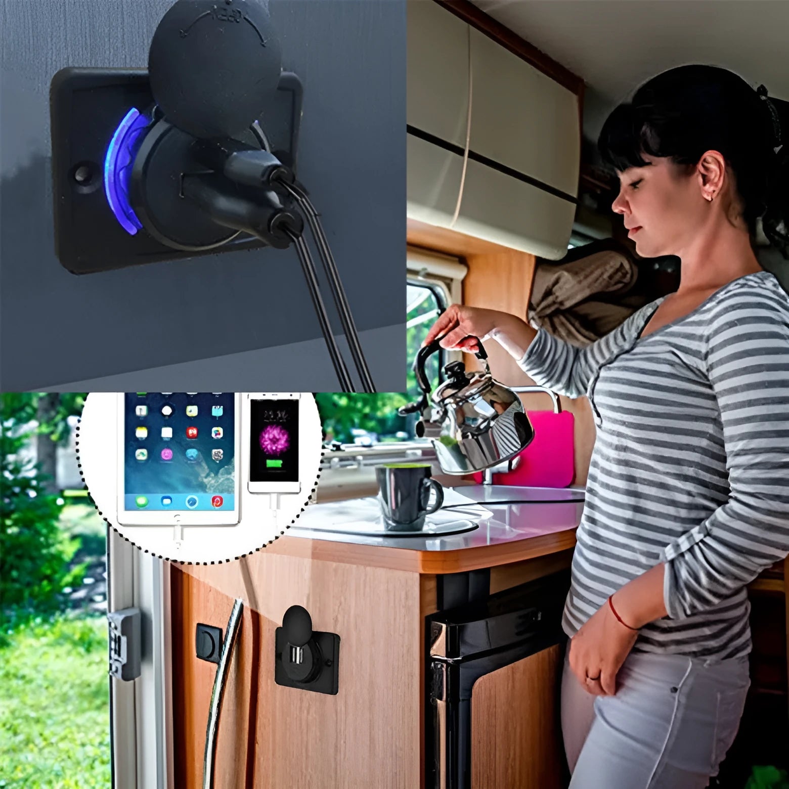 Black car USB charger adapter for 12 volt vehicle installation with 5V 3.1A output