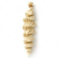 Golden long synthetic wig for women on a stand, showing hair weft construction