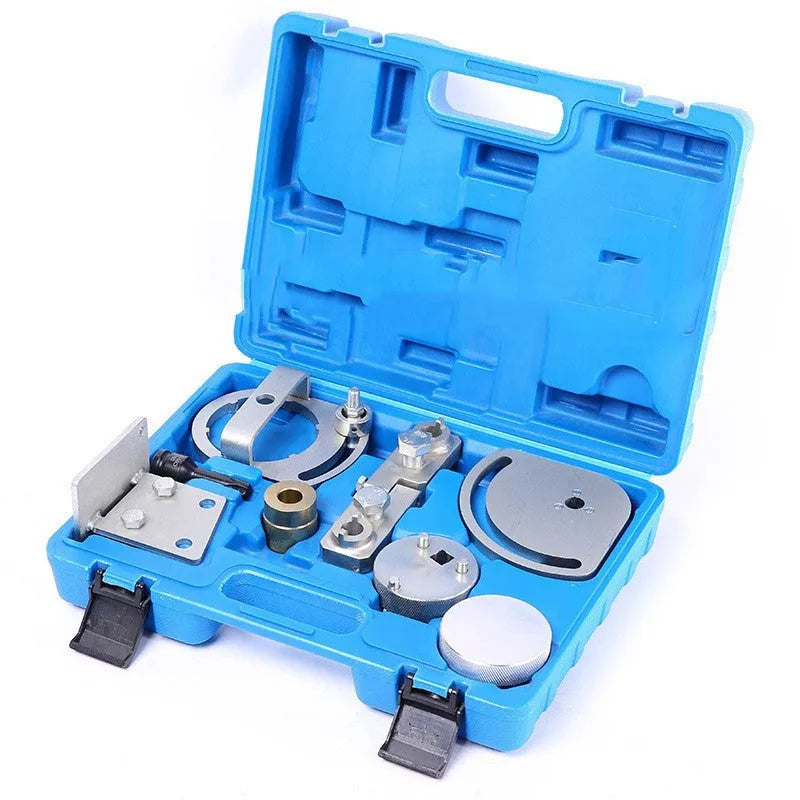 Volvo engine timing tool set comprising eight carbon steel alignment tools on a blue background.