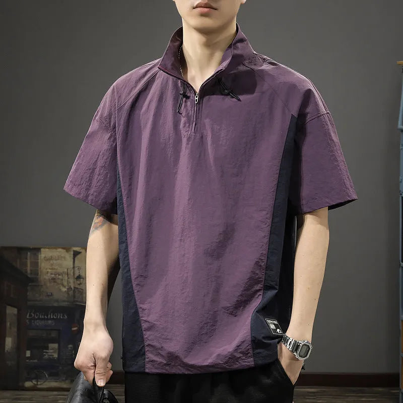 Men's brown half zip stand collar shirt with short sleeves and loose fit