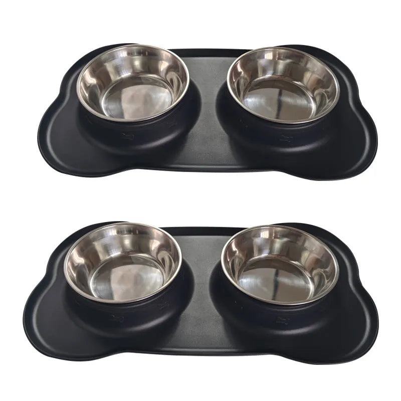 Large silicone double dog bowl with stainless steel inserts in raised feeding design