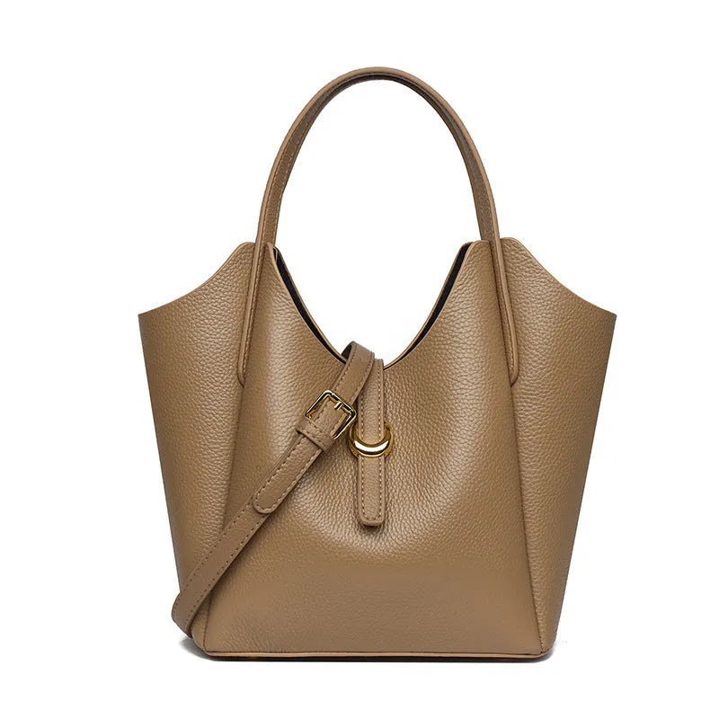 Genuine leather women's bucket bag in retro style with file compartment and shoulder strap