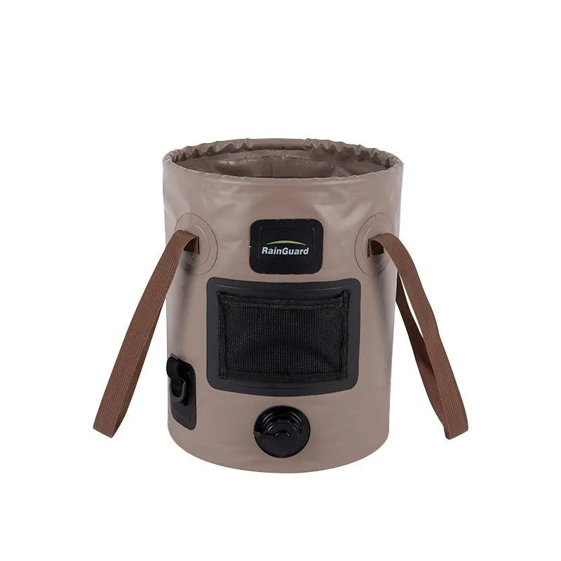 Collapsible orange fishing bucket showing folded and expanded states with mesh pocket option