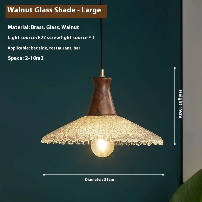 Wooden ceiling chandelier with glass shade and brass electroplating for restaurant lighting