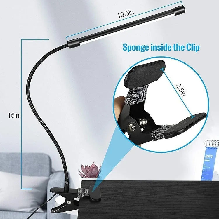 Black and white LED desk lamp with 26cm length and USB cable for student study use
