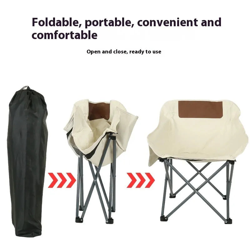 Folded and unfolded views of a portable outdoor recliner chair with steel frame and Oxford cloth seat