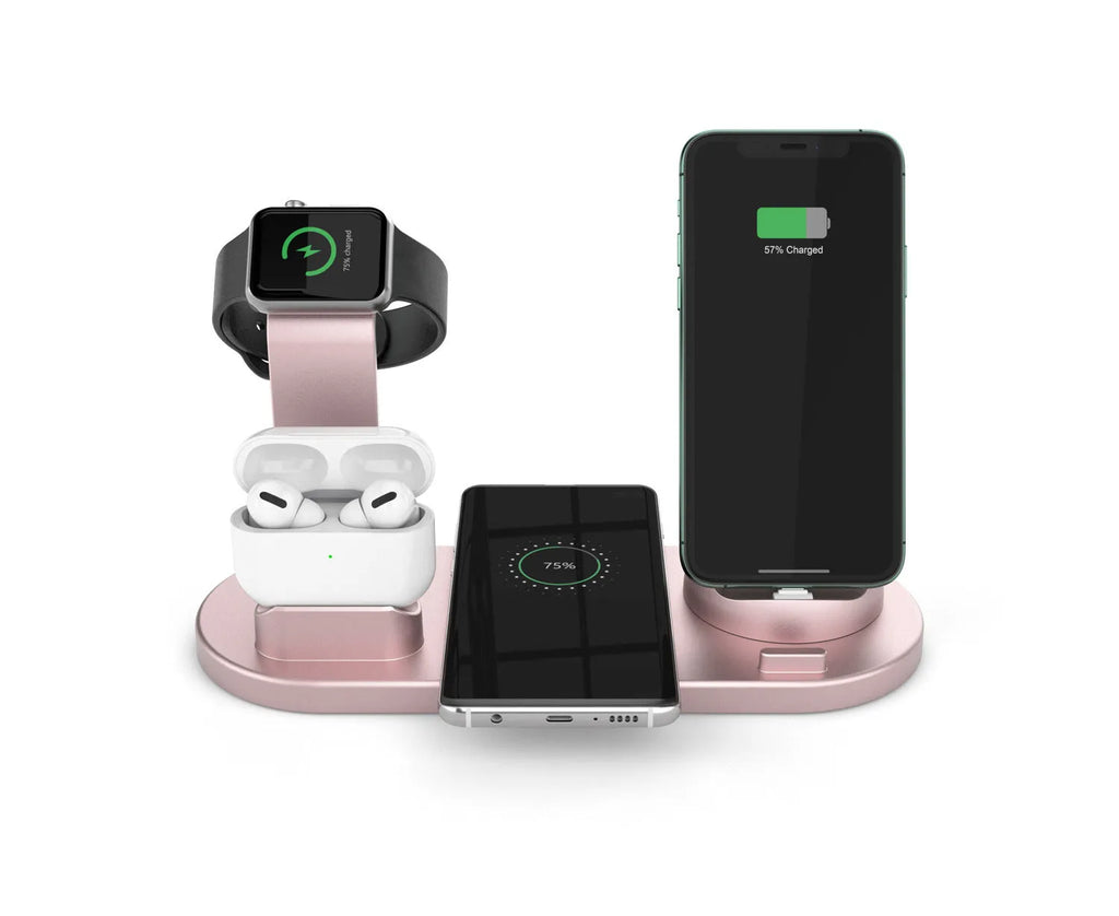 Six-in-one vertical wireless phone charging bracket on a desk in black colour with USB cable