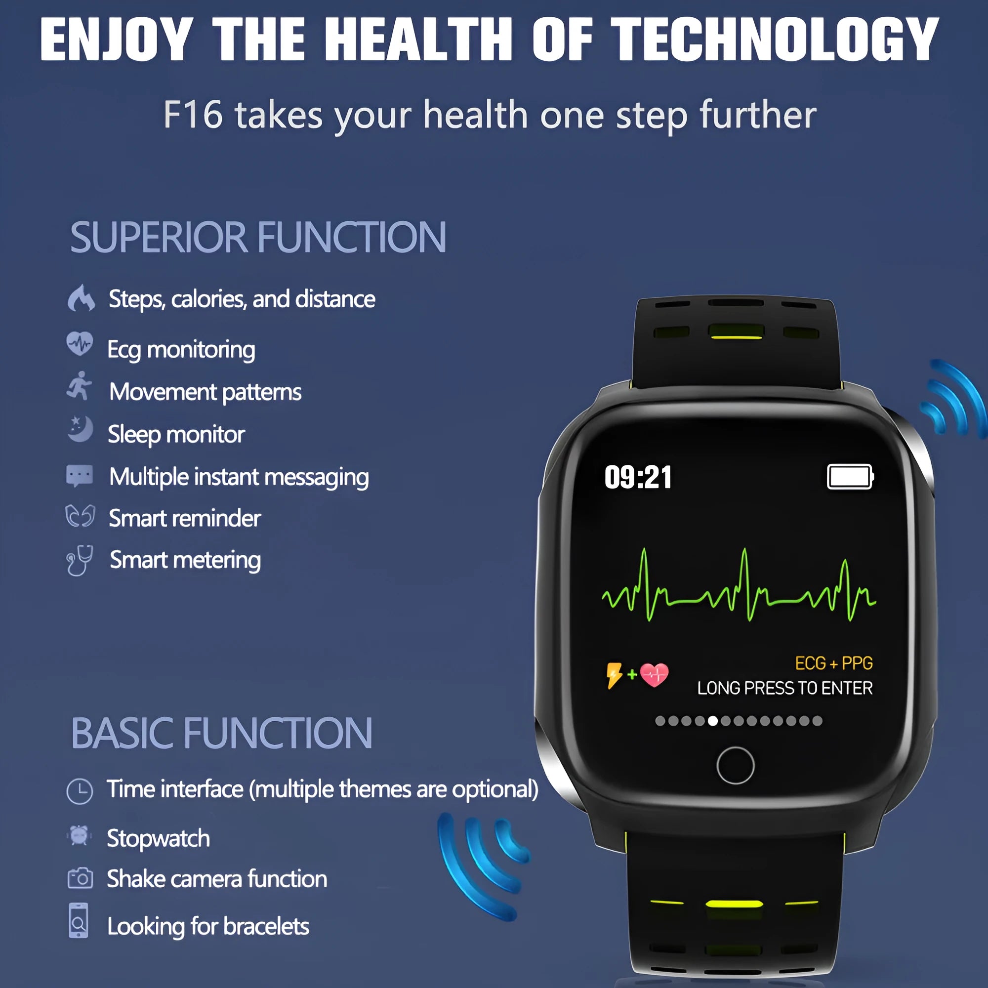 F16 Smart Watch with ECG monitoring on wrist showing black/green silicone band and 43mm display