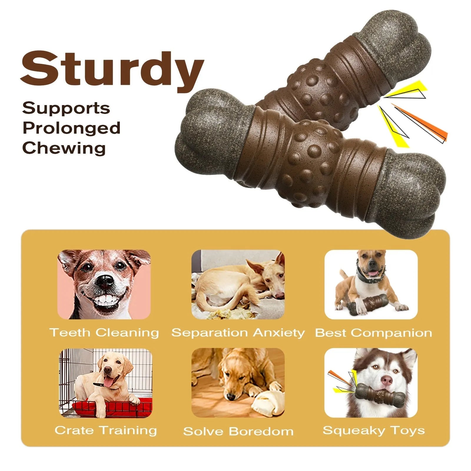 Wood colour plastic sounding bone dog toothbrush toy with molar rod design